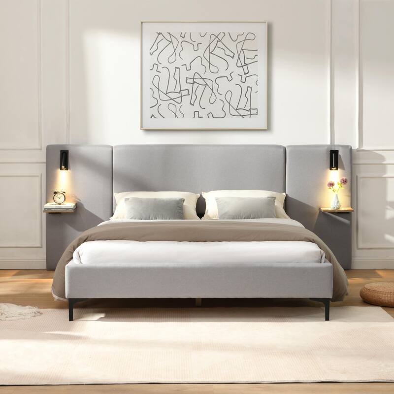 Chic Bouclé Upholstered Bed with Integrated Lighting and Shelves
