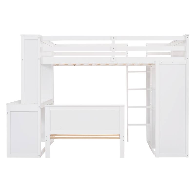 Space-Saving Twin Loft Bed with Desk, Shelves, Wardrobe, and Additional Bed