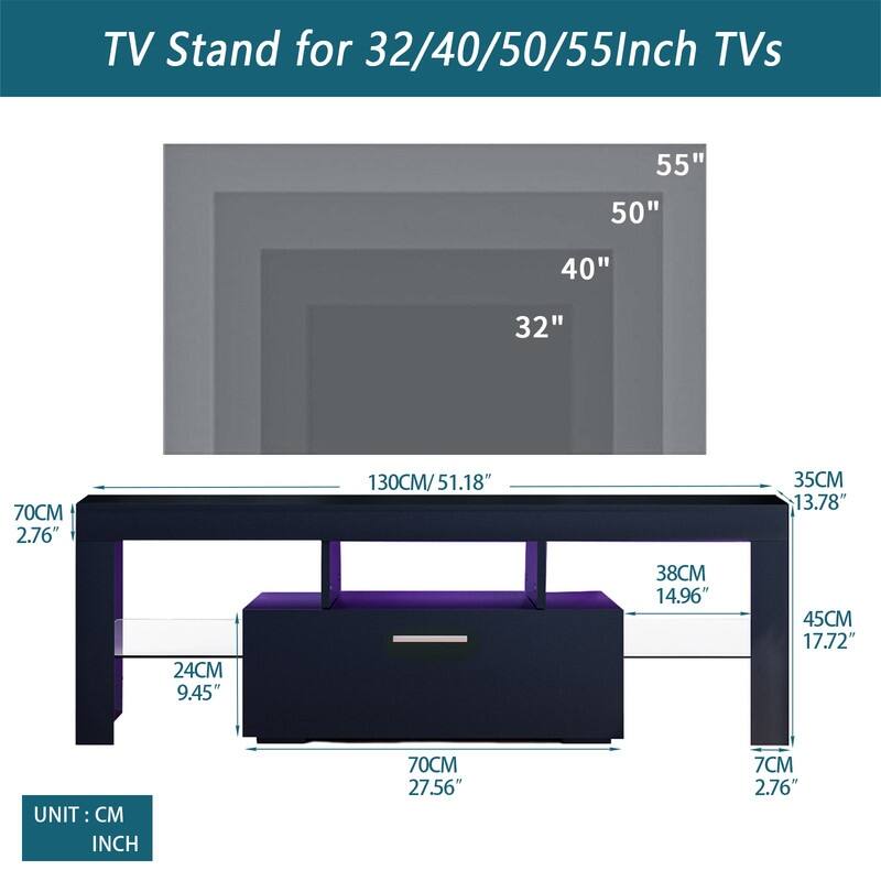Modern TV Stand with RGB LED Lights & Remote, Tempered Glass Shelves