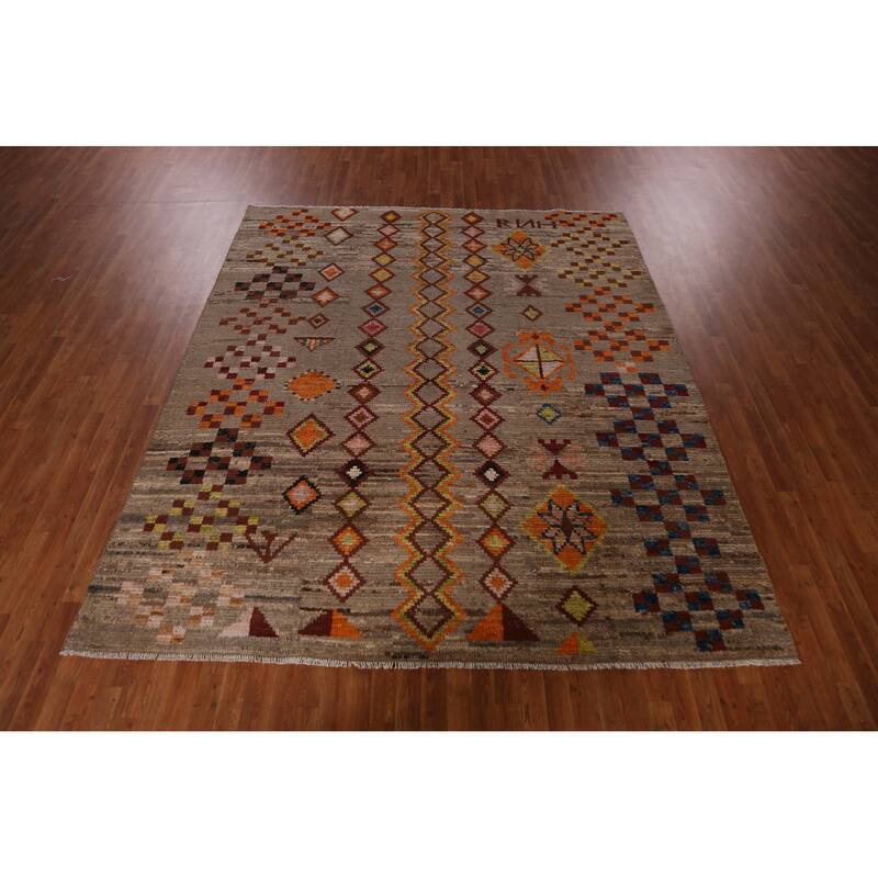 Geometric Brown Moroccan Oriental Area Rug Handmade Wool Carpet - 8'4" x 9'9"
