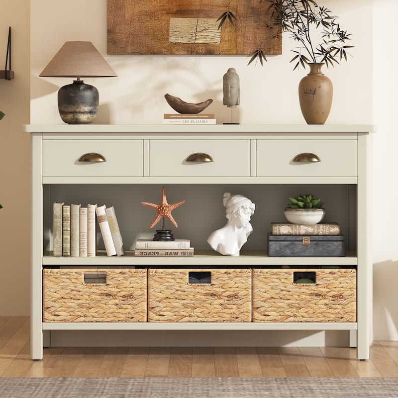 Sideboard Storage Cabinet with 3 Drawers & Water Hyacinth Woven Baskets, Wood Console Table for Living Room Hallway Entryway