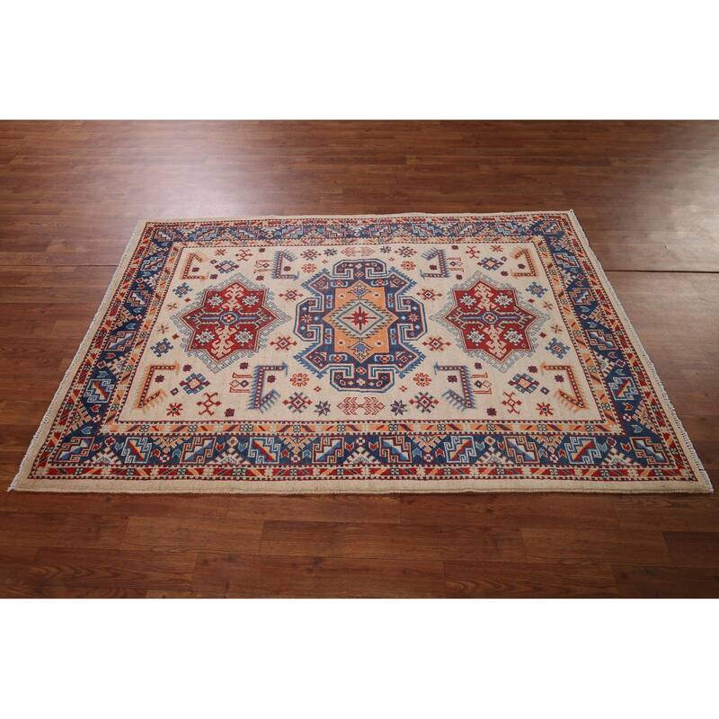 Geometric Beige / Ivory Kazak Accent Rug Hand-Knotted Wool Carpet - 4'0" x 6'1"