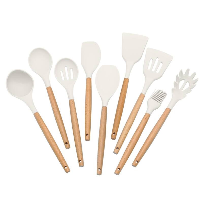 Elyon 9 Piece Colored Silicone with Wood Handles Kitchen Utensils Set - 9 Piece - White