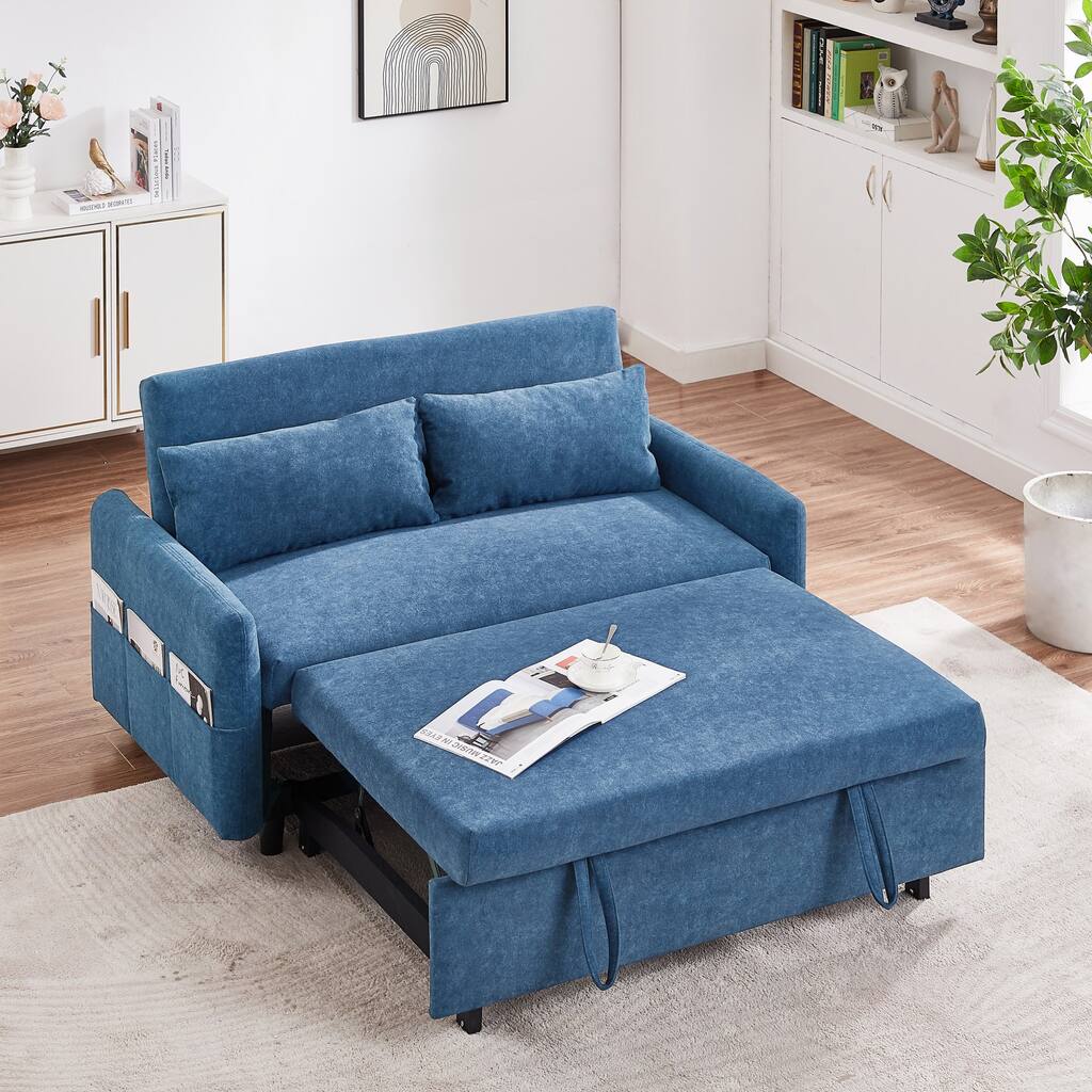 Loveseat Sleeper Sofa w/ Pull Out Bed & Side Pockets & Pillows, Blue