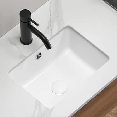 Undermount Bathroom Sink - White Rectangular Porcelain Ceramic Vessel Sink, Deep Basin with Overflow