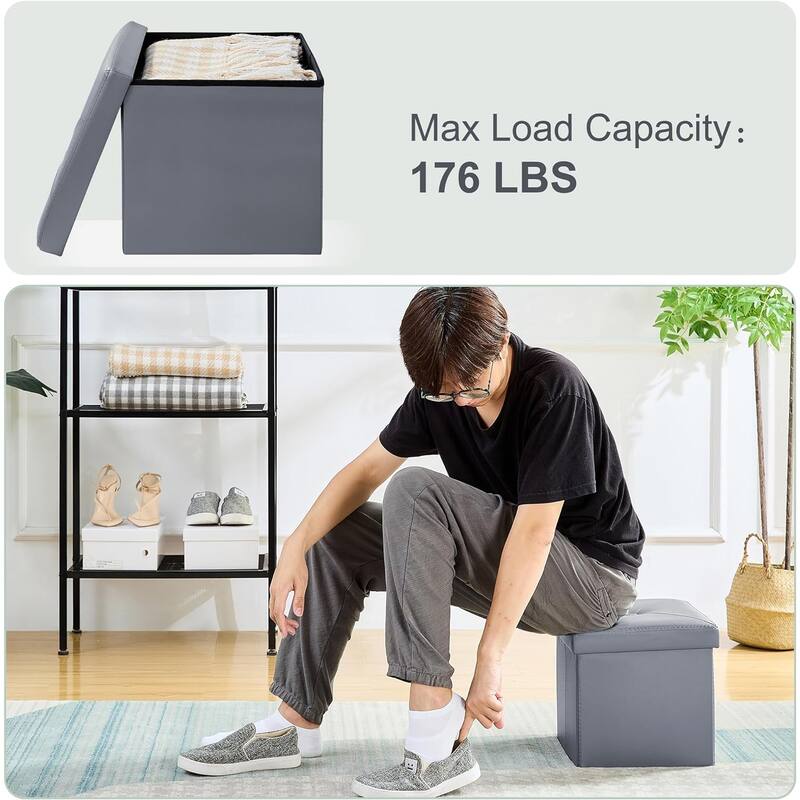 VECELO Folding Storage Ottoman, Bedroom Storage Bench, Versatile Footrest Footstool Tufted Faux Leather Chest for Living Room