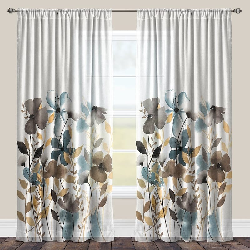 Greige White Florals 95 Inch Sheer Window Panel - 95 inch - 50" x 95"