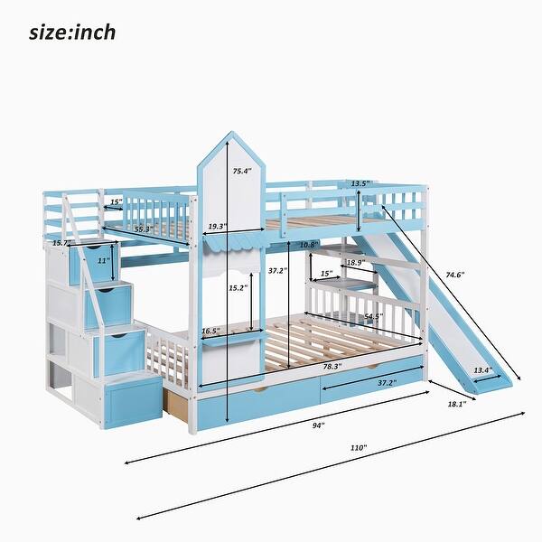 Full-Over-Full Wood Bunk Bed with Drawers, Shelves and Slide
