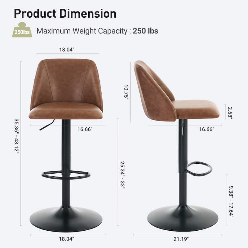 RENEWLINE Adjustable Swivel Bar Stool - PU Leather Counter Height Stool with Square Open Back for Kitchen Island