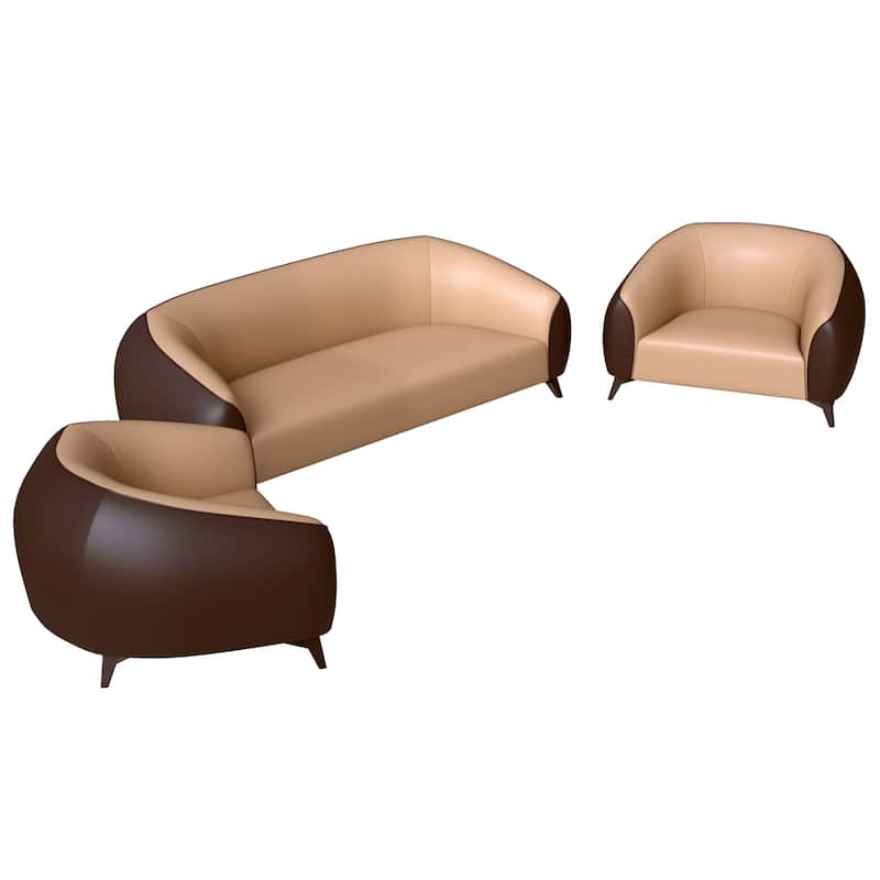 3-Piece Sofa Set Upholstered PU Leather with Solid Wood Frame and Steel Legs Opula Series by LeisureMod - Brown