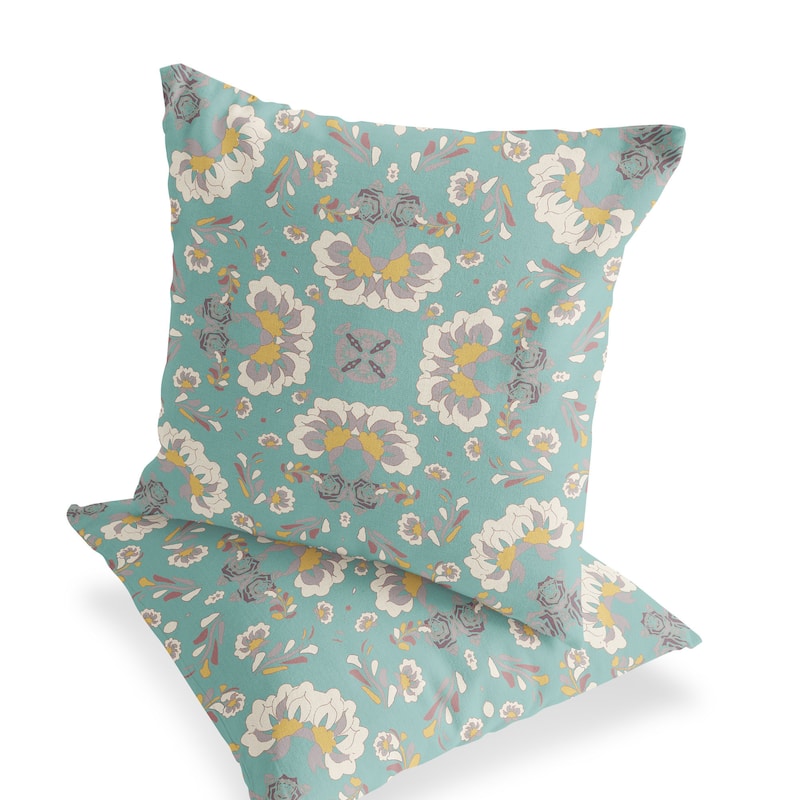 HomeRoots Set of Two 16" X 16" Green and White Blown Seam Floral Indoor Outdoor Throw Pillow - 16.00' X '16.00' X '5.00 - Green/White - 16.00' X '16.00' X '5.00