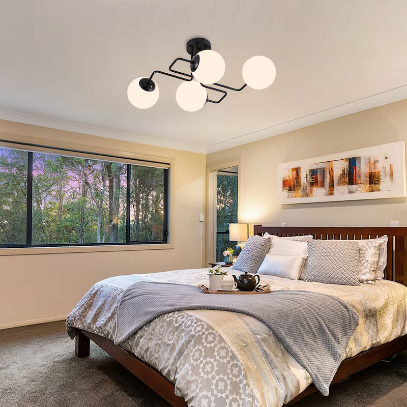 Mid - Century Modern 4 - Light Chandelier, Brass Frame with Glass Globes