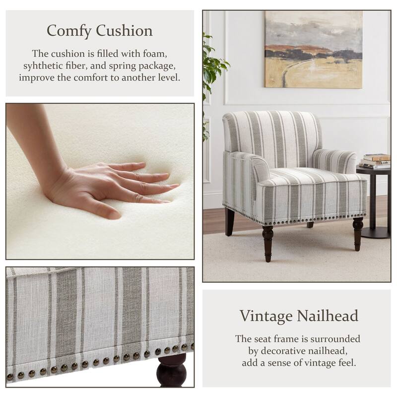 Striped Upholstered Linen Armchair with Brass Nailhead Trim