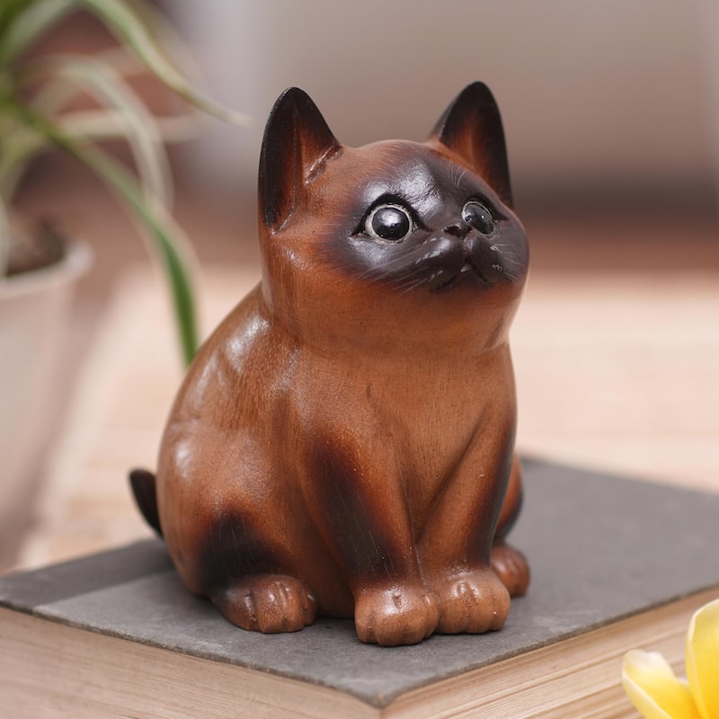 Novica Handmade Hungry Cat Wood Figurine