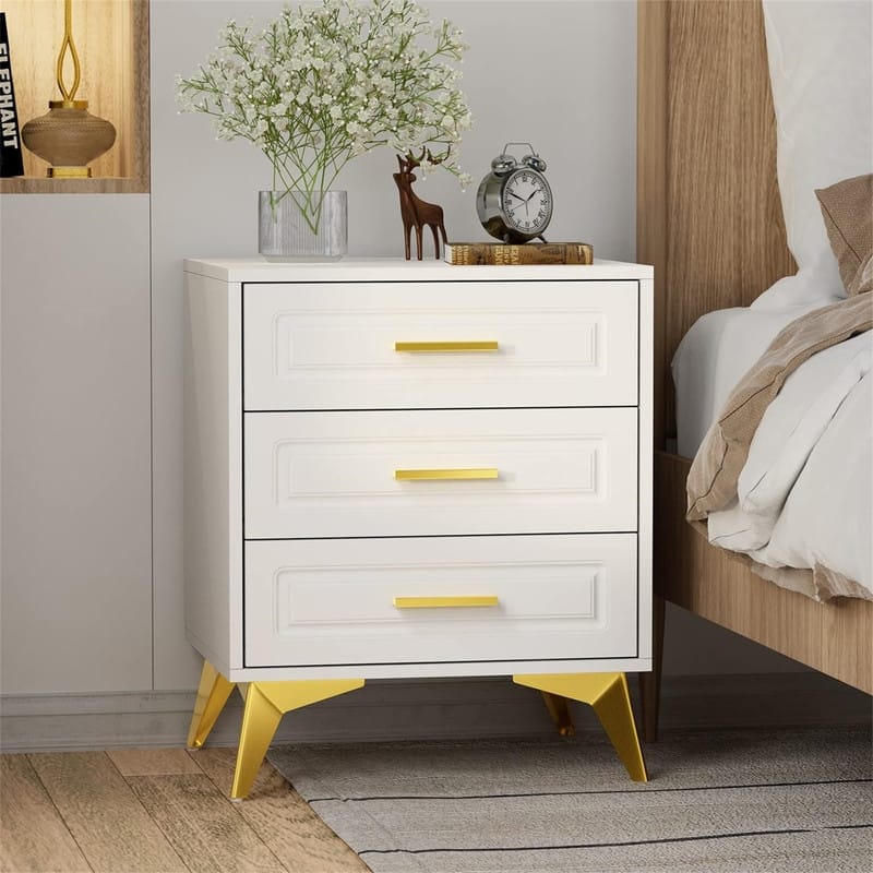 Nightstand with 3 Drawers - White & Gold