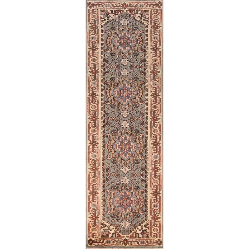 Geometric Heriz Serapi Indian Runner Rug Handmade Wool Carpet - 2'5" x 10'1"