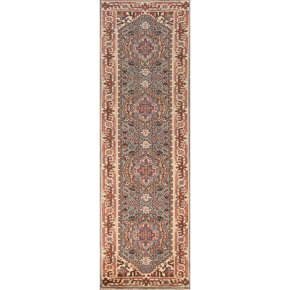 Geometric Heriz Serapi Indian Runner Rug Handmade Wool Carpet - 2'5" x 10'1"