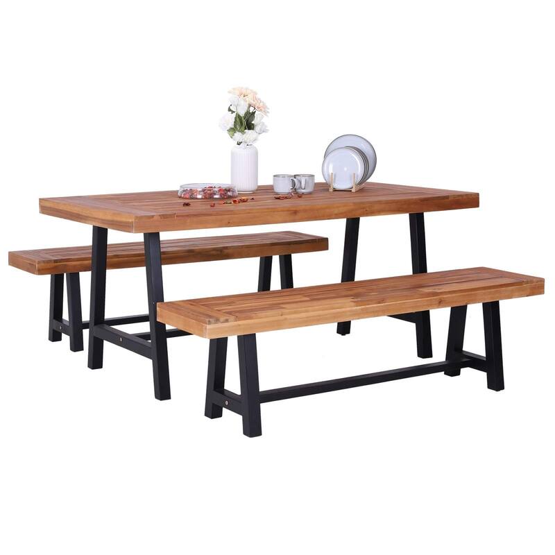 MAISON ARTS Sophia & William 3-Piece Patio Wooden Dining Set, 1 Wooden Table and 2 Wooden Benches