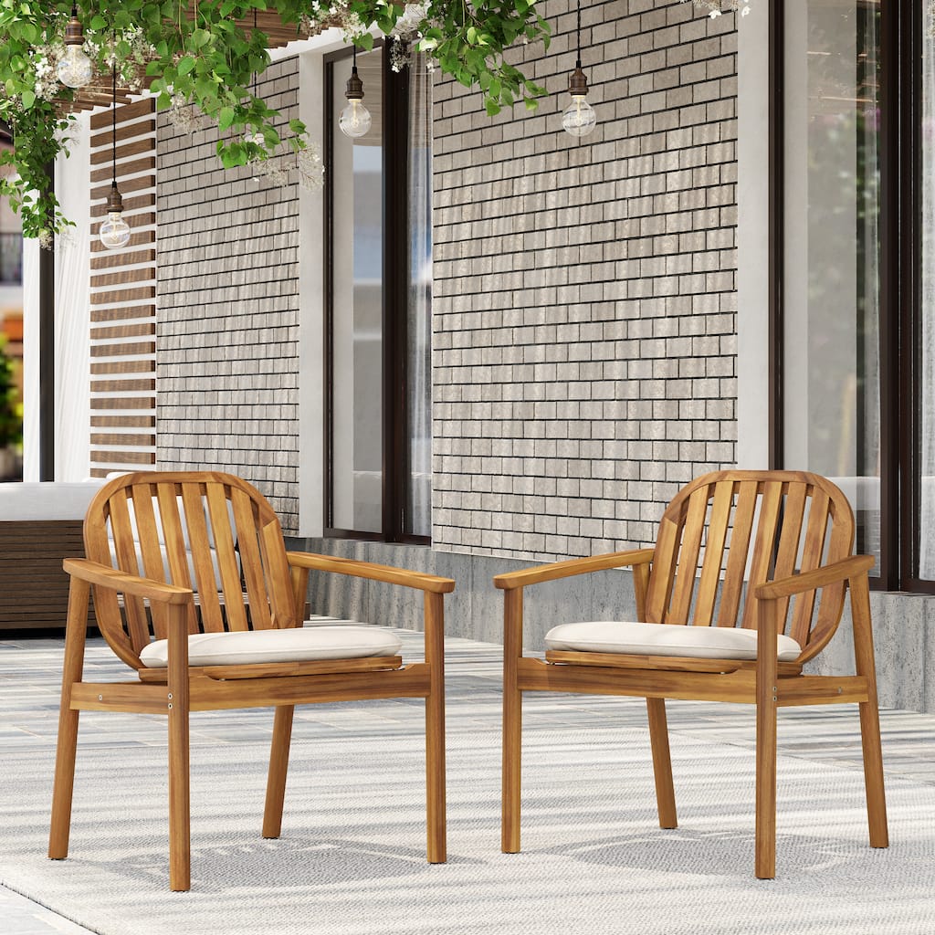 Roomfitters Meja Outdoor Acacia Wood Dining Chairs with Slatted Back and Cushion, Teak Finish Set of 2