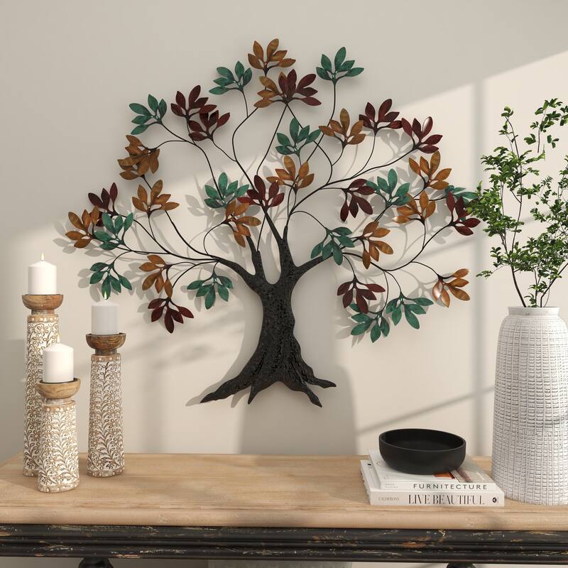 Multi Colored Metal Tree Home Wall Decor with Leaf Detail