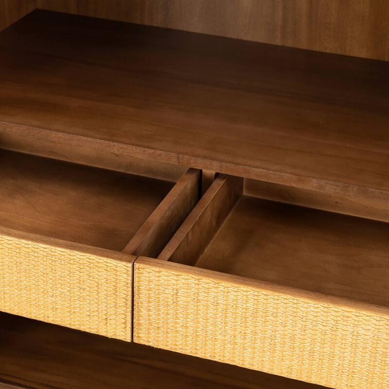 Nuvon Walnut-Finished Acacia Wood Cabinet with Double Glass Doors