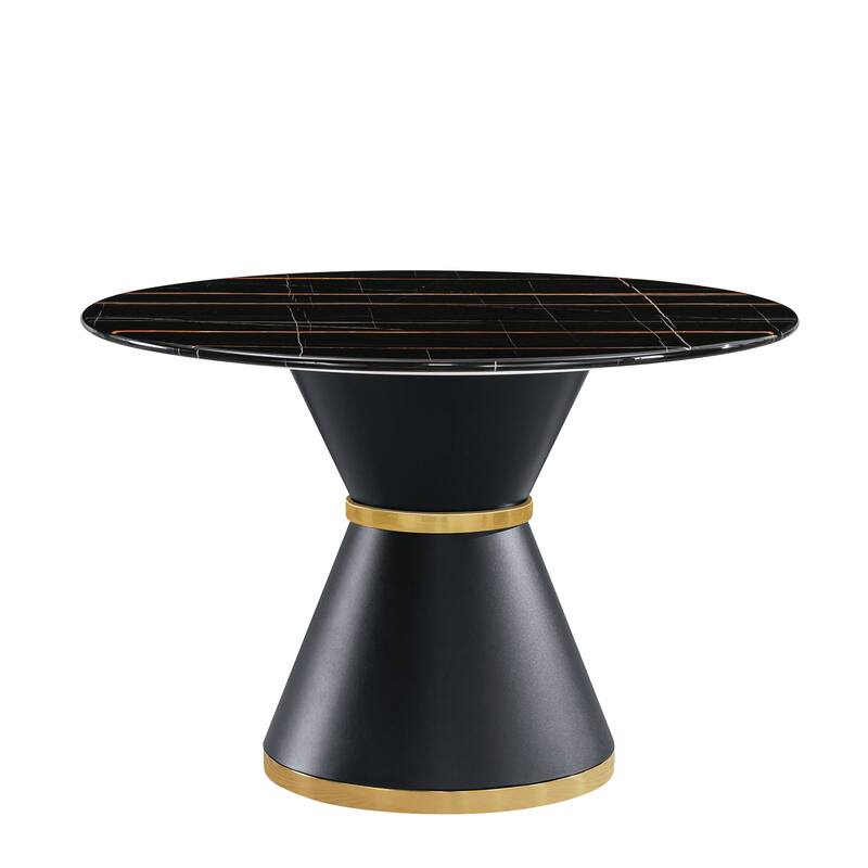 Marble Printed MDF Round Dining Table, Black Columnar Base with Gold Annulus(Not Including Chairs)