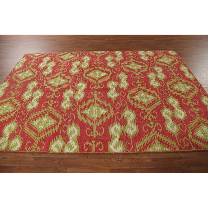 Geometric Kilim Oriental Area Rug Flatweave Pink Wool Carpet - 5'11"x 8'10"