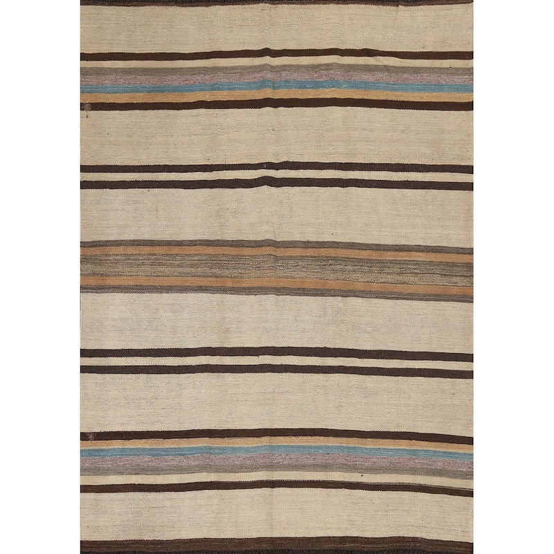 Natural Dye Striped Kilim Contemporary Wool Area Rug Flat-weave Carpet - 5'0" x 6'6"