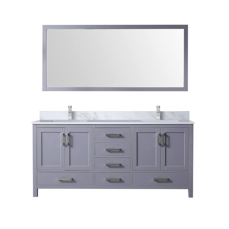 Jacques 72 in. W x 22 in. D Distressed Grey Double Bath Vanity, Carrara Marble Top, Faucet Set, and 70 in. Mirror
