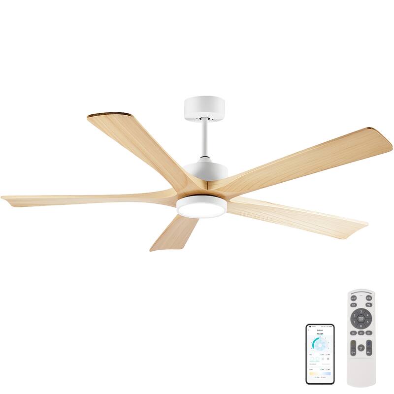 60-Inch Ceiling Fan with Light, 5 Solid Wood Blades, Downrod Mount for Sloped Ceiling ≤15°, Quiet Reversible DC Motor - Natural Wood