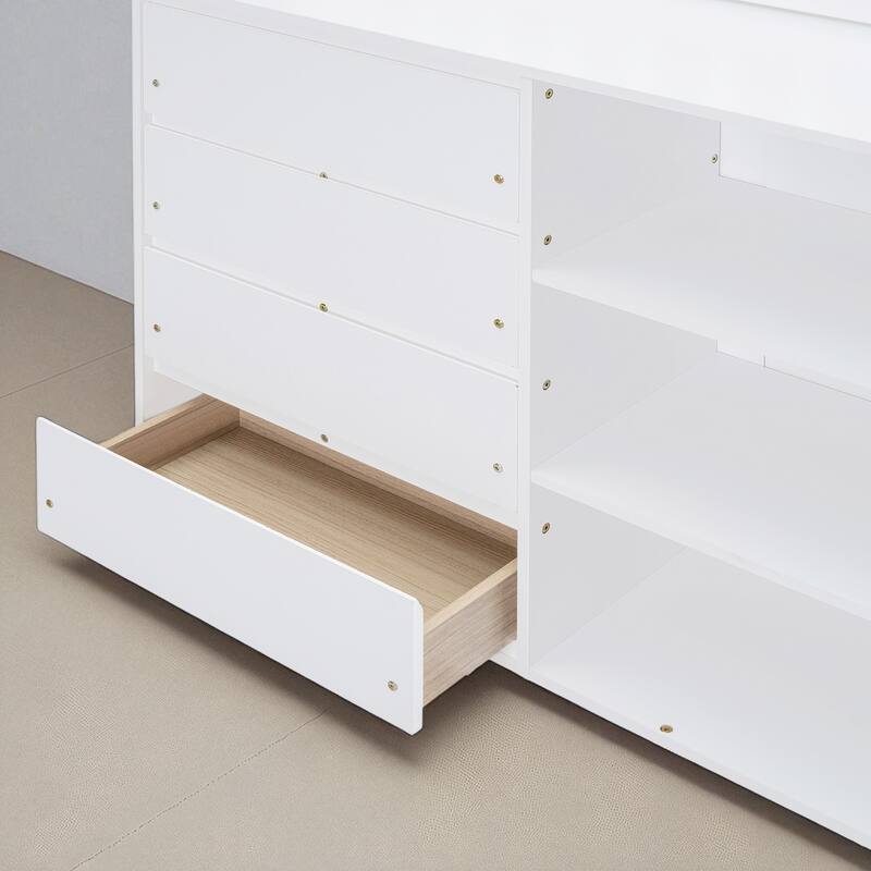 Twin over Twin or Full over Full Bunk Bed with Storage Drawers, Shelves, and Reversible Ladder