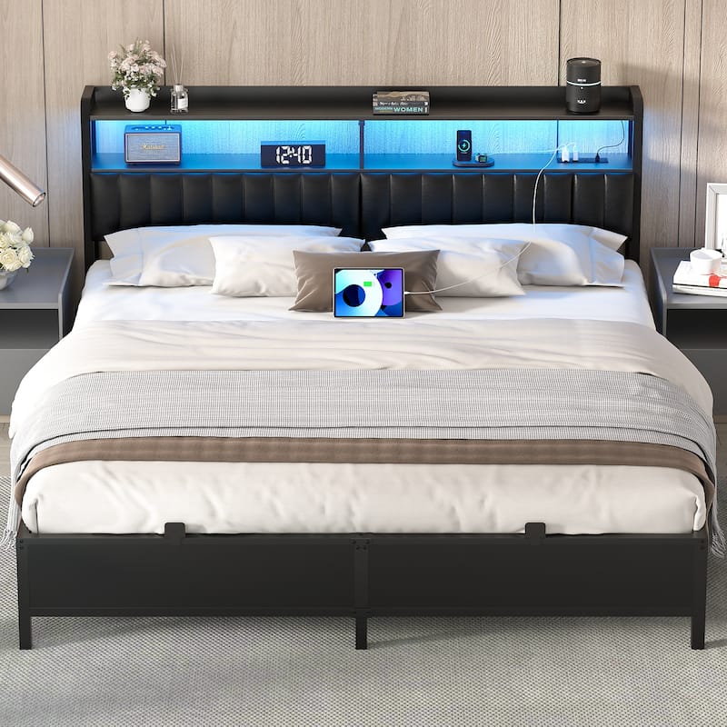 Platform Bed Frame with Upholstered Storage Headboard, Full/ Queen/ King Beds with Charge Station and LED Lights - Black - King