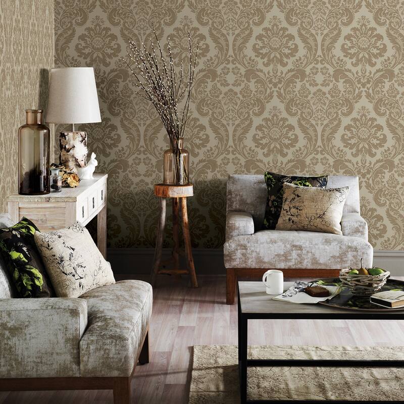 Isleton, Shadow Flocked Damask, 33 FT. L x 20.5In. W Wallpaper Roll - Khaki