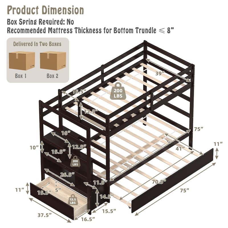 Costway Twin Over Twin Bunk Bed with Trundle Stairway and Storage - 39'' x 75''