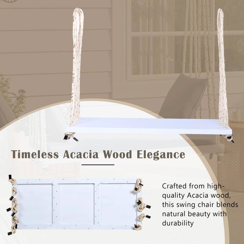 Patio Wooden Swing Chair, Hanging Porch Swing Bench with Cushion & Pillows, 10.8Ft Hemp Ropes