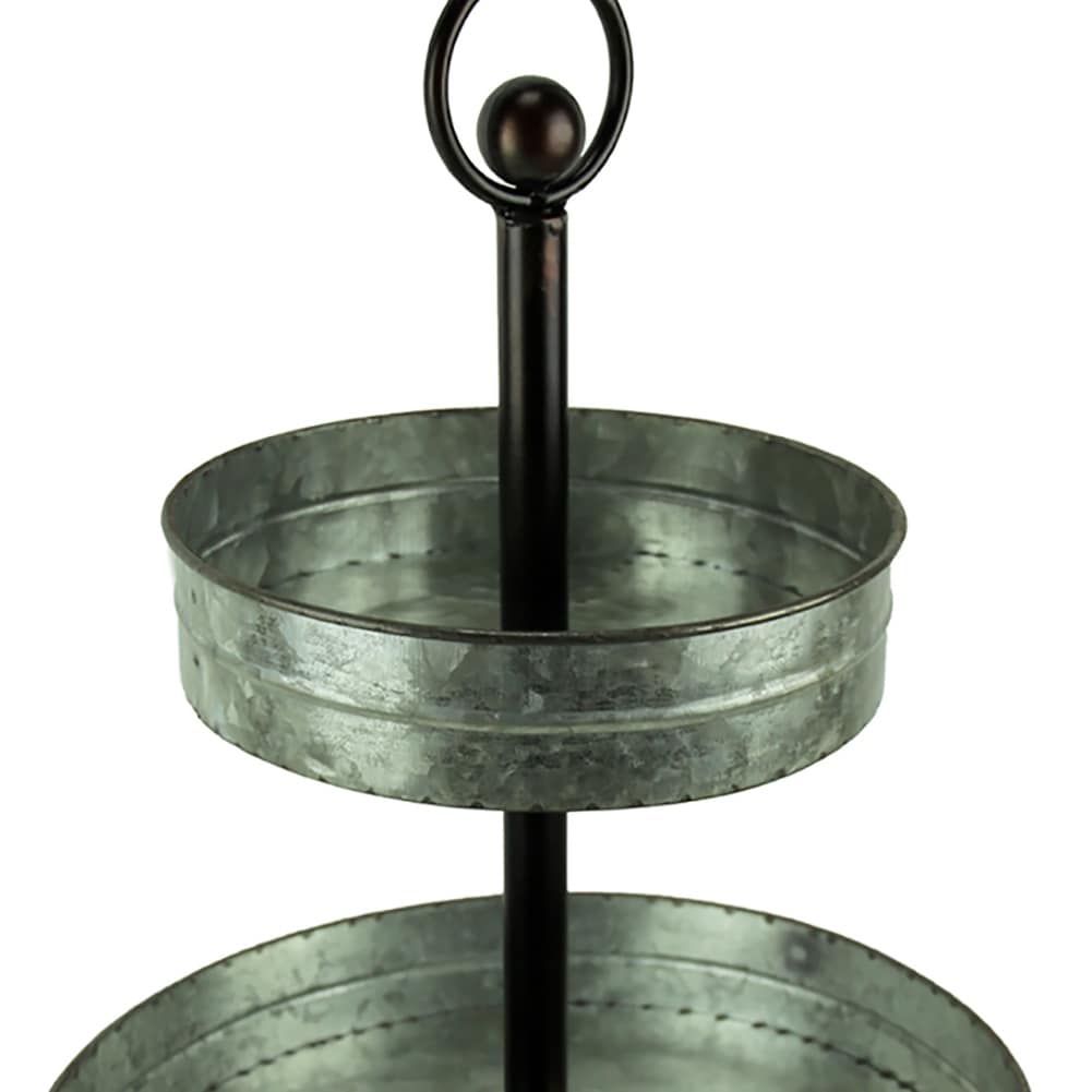 Dessert Tray with Carved Wooden Handle & Post 2 Tier Rustic Galvanized Metal Cupcake Display Stand