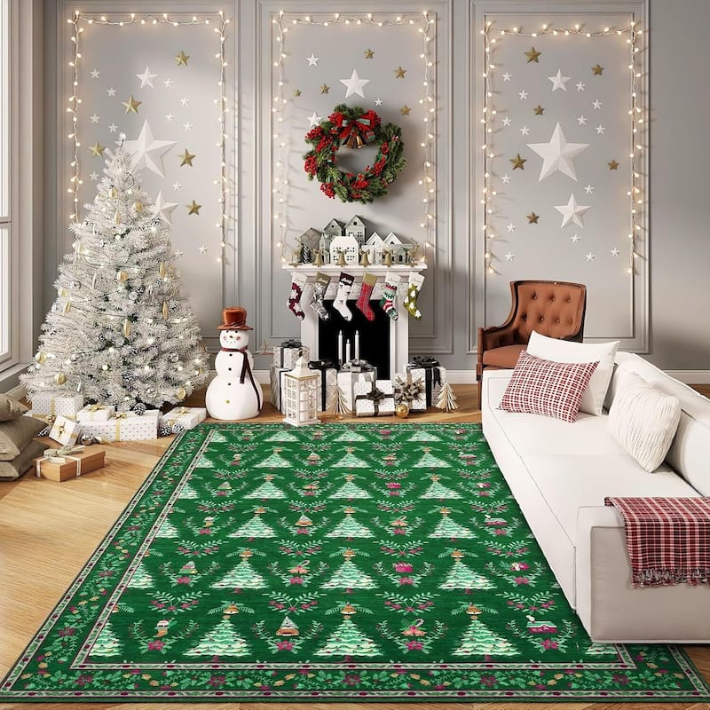 Soft Low Pile Festive Washable Christmas Area Rug for Xmas Holiday Decor, Green - 8*10ft