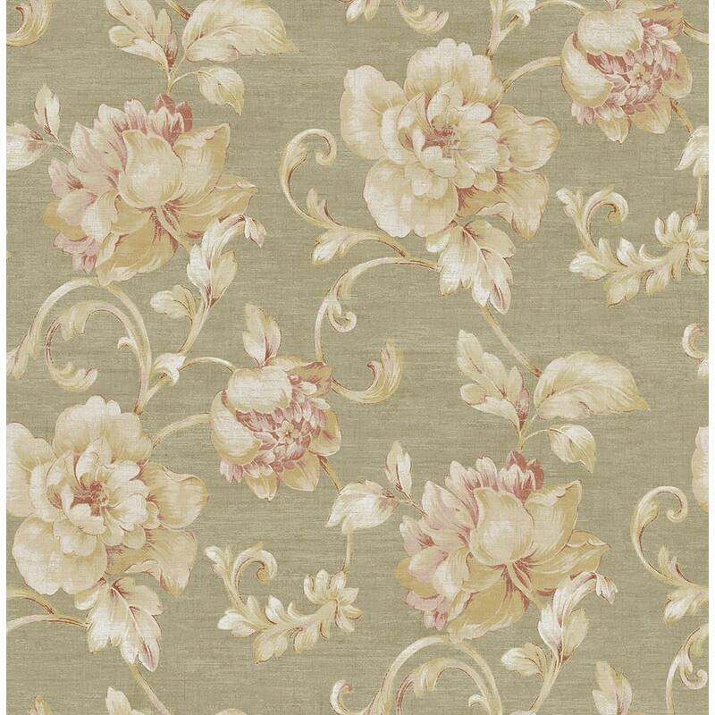 Seabrook Design Rhea Floral Scroll Unpasted Wallpaper - 20.5 in W x 33 ft. L - Metallic Greige & Plum