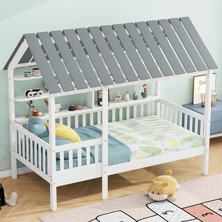 Wood Twin Size House Bed with Roof, Guardrail and Shelves