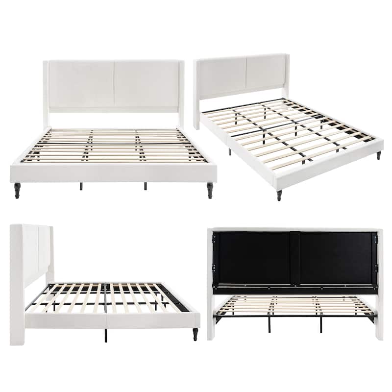 GDFStudio - Jane 55.5" High Back Upholstered Headboard Bed Frame with Slat Support and Solid Wood Feet