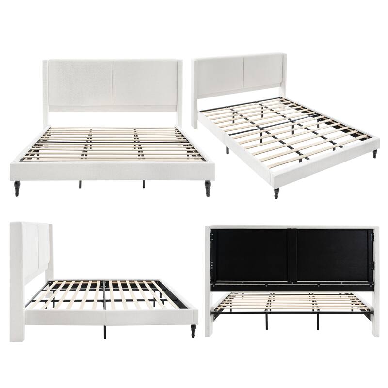 King Size Bed Frame with 55.5"High Back Upholstered Boucle Fabric Headboard