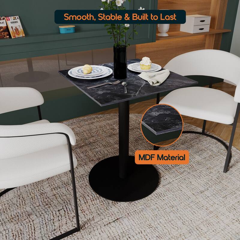 Vail Square Dining Table with 24 in. MDF Tabletop in Black Stainless Steel Round Pedestal Base Accent Kitchen Table