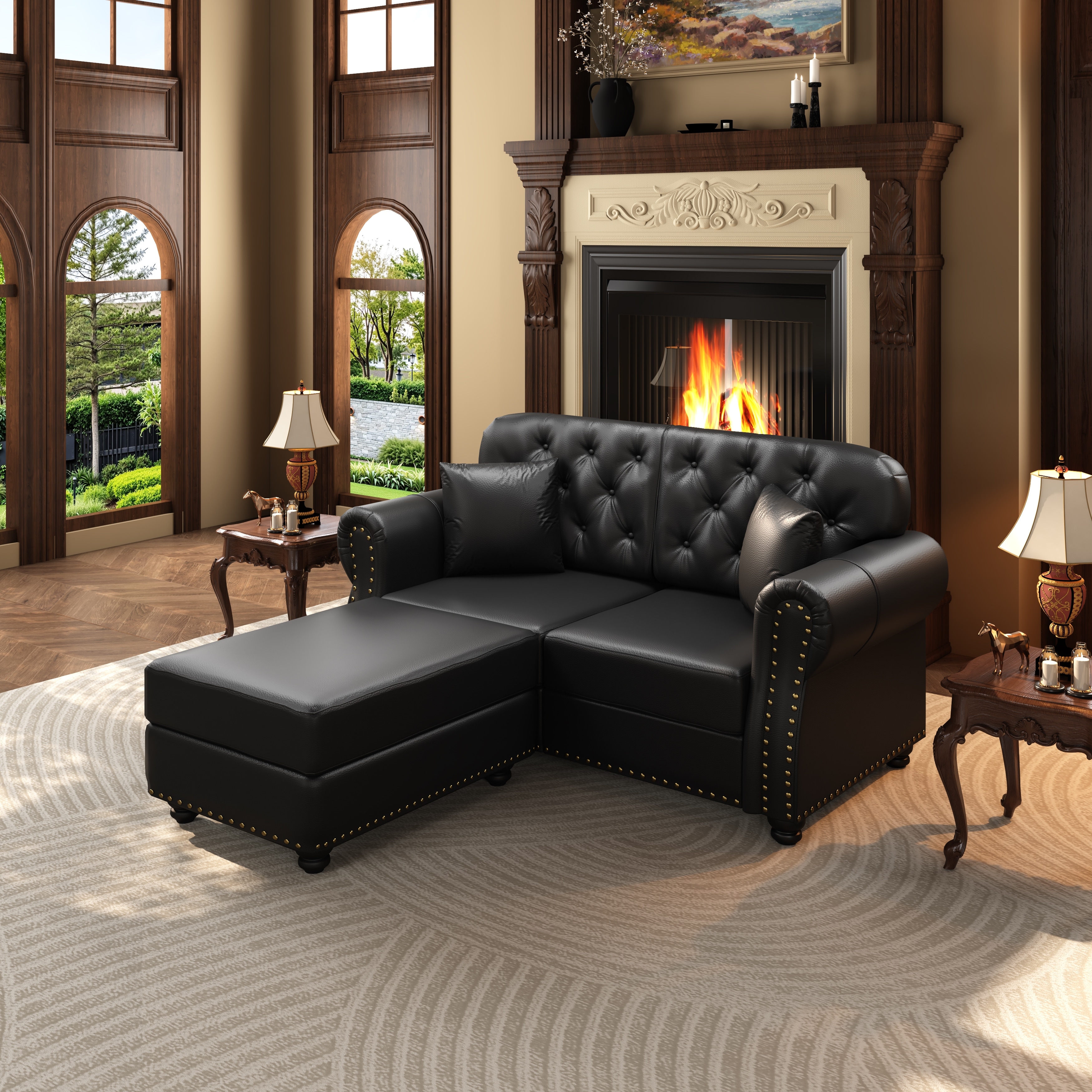 GDFStudio - 63" Mid-Century Modern Chesterfield 2-Seater Sofa with Ottoman, Nailhead Trim & 2 Pillows