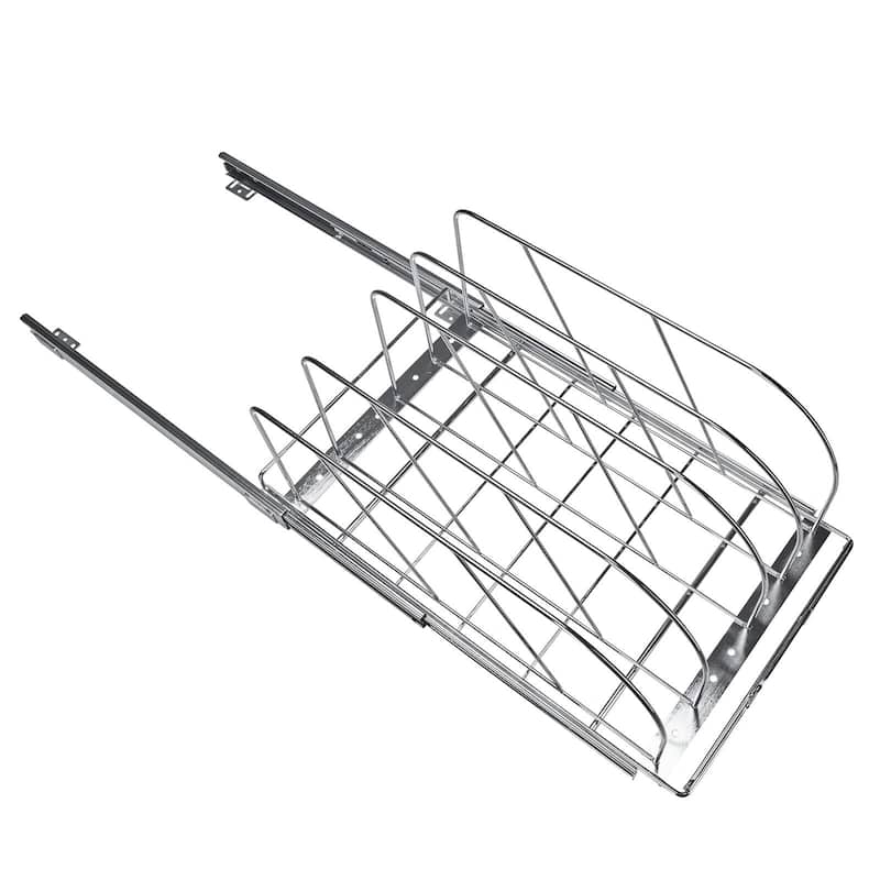 Chrome Plated Carbon Steel Expandable Pan and Pot Rack Tray Organization with 3-Section Ball-Bearing System