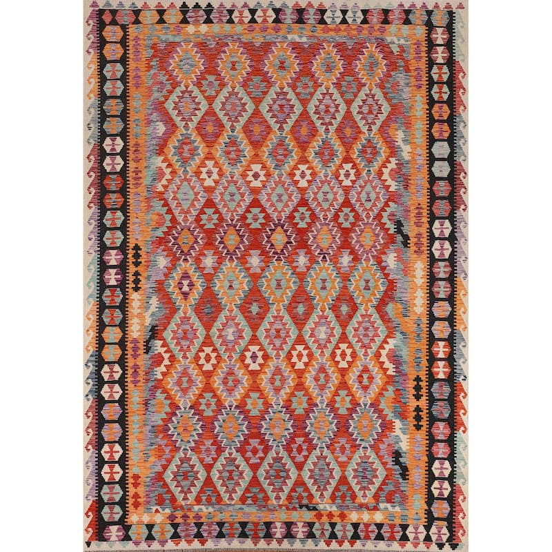 Orange Kilim Area Rug Hand-Woven Reversible Wool Carpet - 8'5" x 11'5"