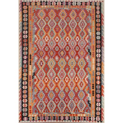 Orange Kilim Area Rug Hand-Woven Reversible Wool Carpet - 8'5" x 11'5"