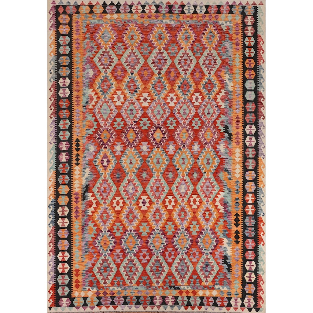 Orange Kilim Area Rug Hand-Woven Reversible Wool Carpet - 8'5" x 11'5"