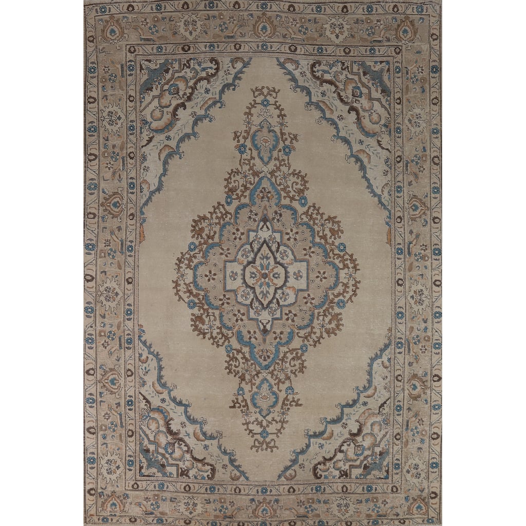 Hand Knotted Oriental 100% Wool Carpet Traditional Medallion Beige & Ivories Tabriz Area Rug - 11' 7'' X 8' 4''