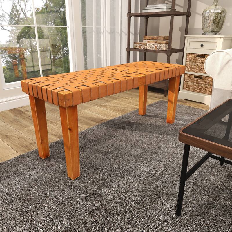 Brown Wood Woven Bench