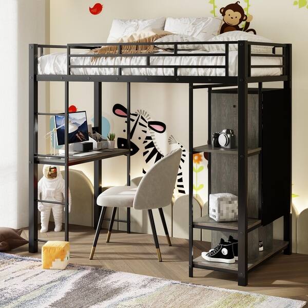 slide 2 of 17, Black Twin Loft Bed with Desk and Built-in Wardrobe, Metal High Loft Bed with Storage Shelves, Clothes Rail,Built-in Curtains Black - Twin
